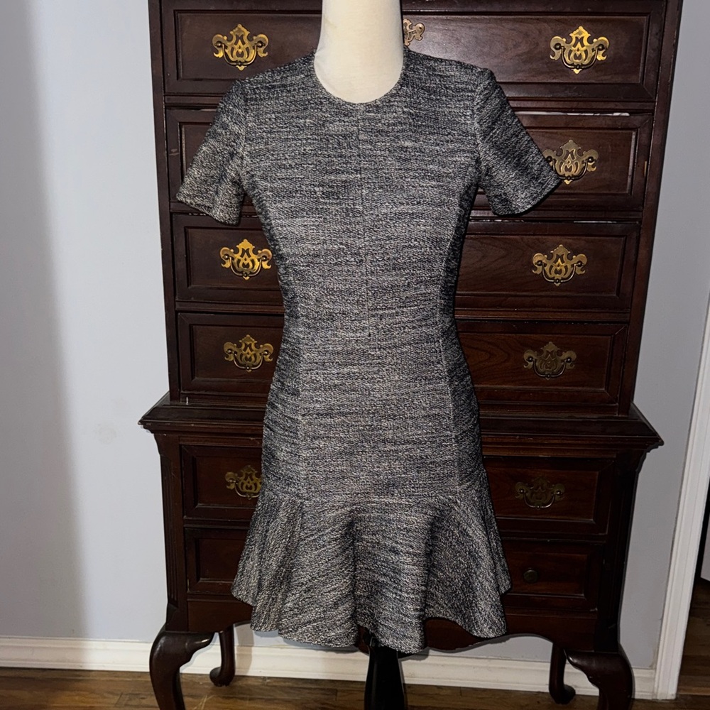 Theory Gray Tweed Mini Dress with Flounce Hem